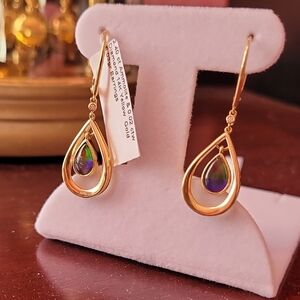 14K Gold Ammolite And Diamond Teardrop Earrings with Iridescent Center